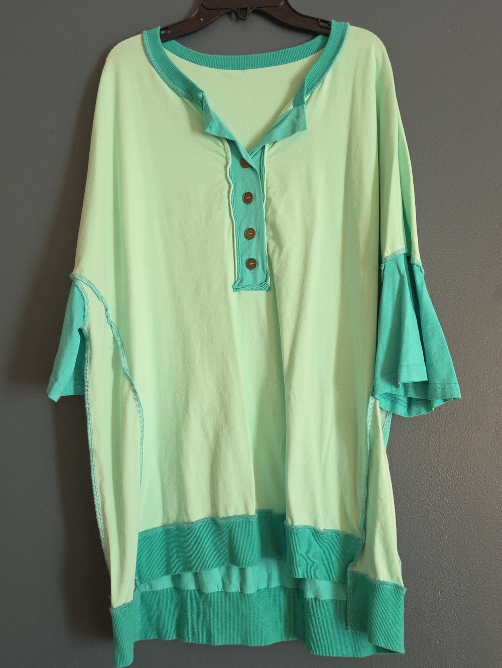 Light Mint Green Two-Tone Henley Tunic Top